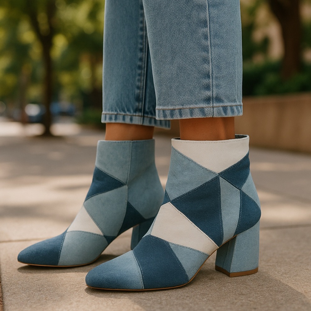 Blue Geometric Ankle Boots with Chunky Heel